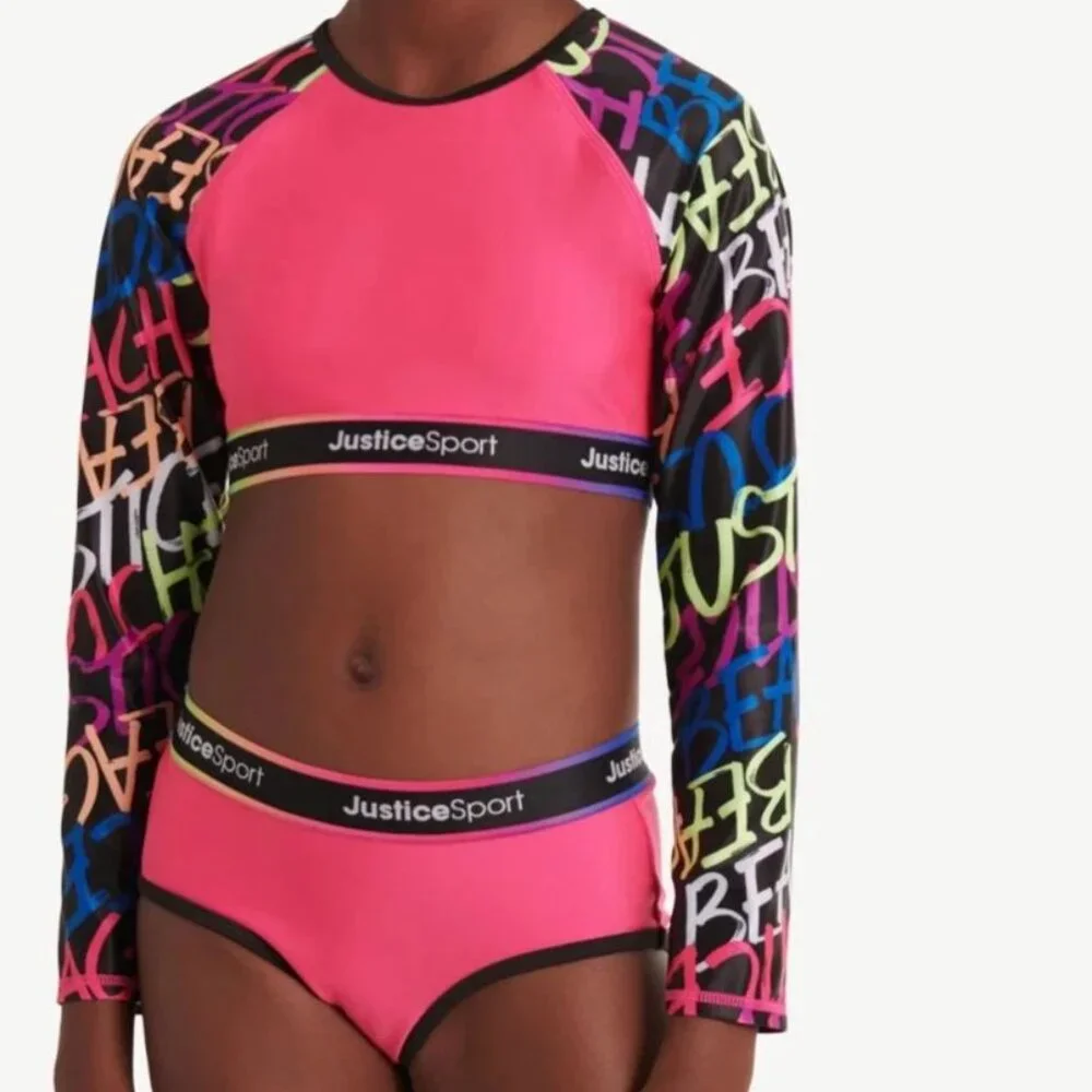NWT Justice Sport Girls Pink Long Sleeve Rashguard Swimsuit Set L 12-14